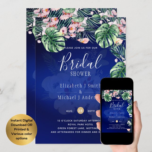 Invitation LeahG FÊTE DES MARIÉES florale bleu tropical rose (Créateur téléchargé)