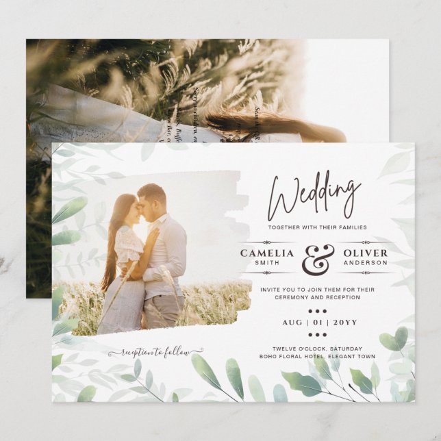 Invitation LeahG Feuilles de la verdure PHOTO OVERLAY Mariage (Devant / Derrière)