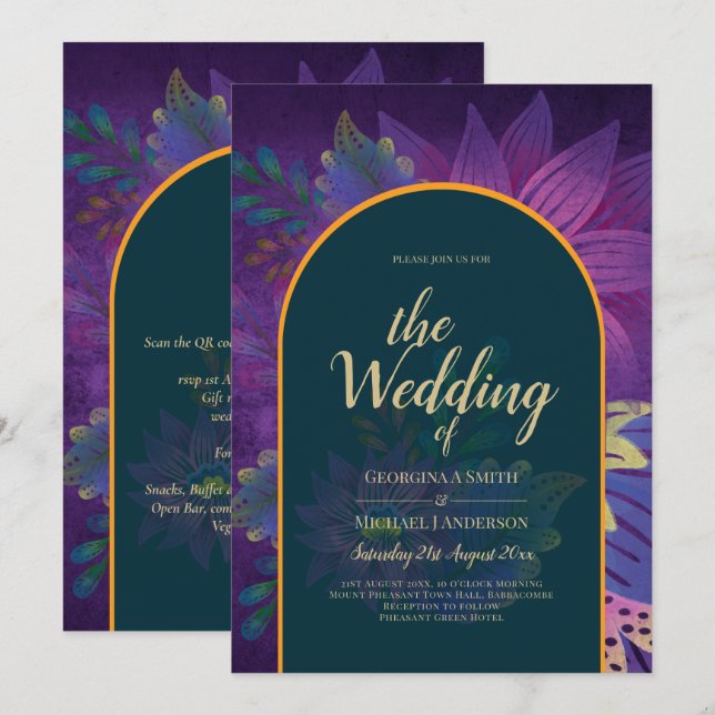 Invitation LeahG Green Purple Gold JEWEL TONES Mariage INVITE (Devant / Derrière)