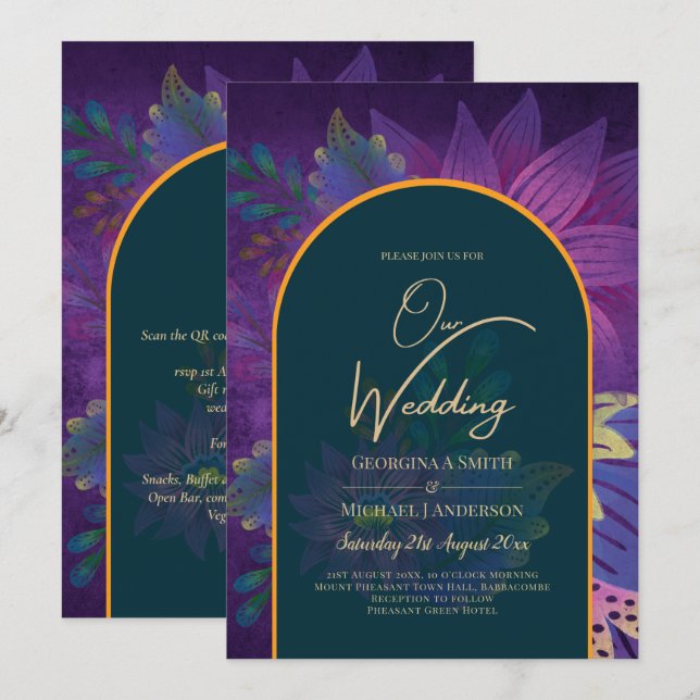 Invitation LeahG Green Purple Gold JEWEL TONES Mariage INVITE (Devant / Derrière)