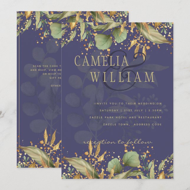 Invitation LeahG Greenery Gold Wedding Invitez DE NOMBREUSES  (Devant / Derrière)