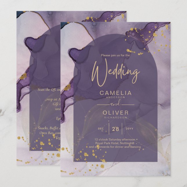 Invitation LeahG Ink Ombre violet Lavender Mariage or (Devant / Derrière)