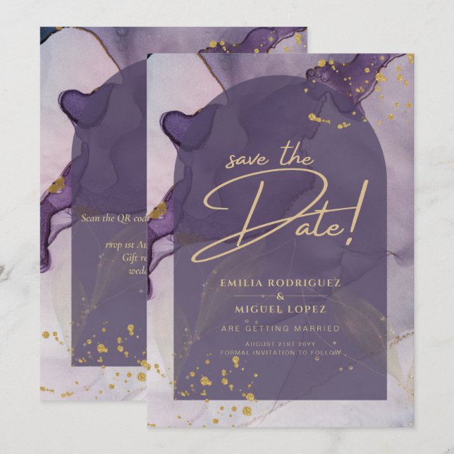 Invitation LeahG Ink Ombre violet Lavender Mariage or (Devant / Derrière)