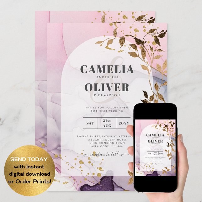 Invitation LeahG Ink Ombre violet rose rose Mariage or (Créateur téléchargé)