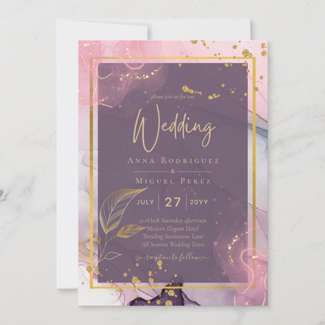 Invitation LeahG® Lavender INK Mauve Purple Mariage or (Devant)