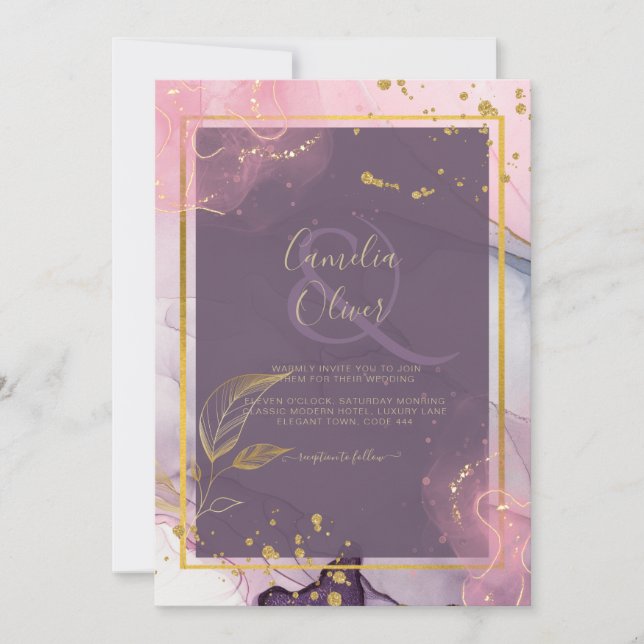 Invitation LeahG® Lavender INK Mauve Purple Mariage or (Devant)