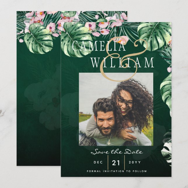 Invitation LeahG Mariage botanique vert tropical (Devant / Derrière)