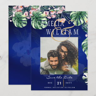 Invitation LeahG Mariage floral bleu vert tropical