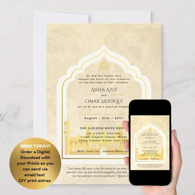 Invitation LeahG Mariage islamique Mosquée d'or Élégant Nikah (Créateur téléchargé)