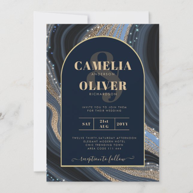 Invitation LeahG Marine Blue Gold Agate STARRY Mariage de nui (Devant)