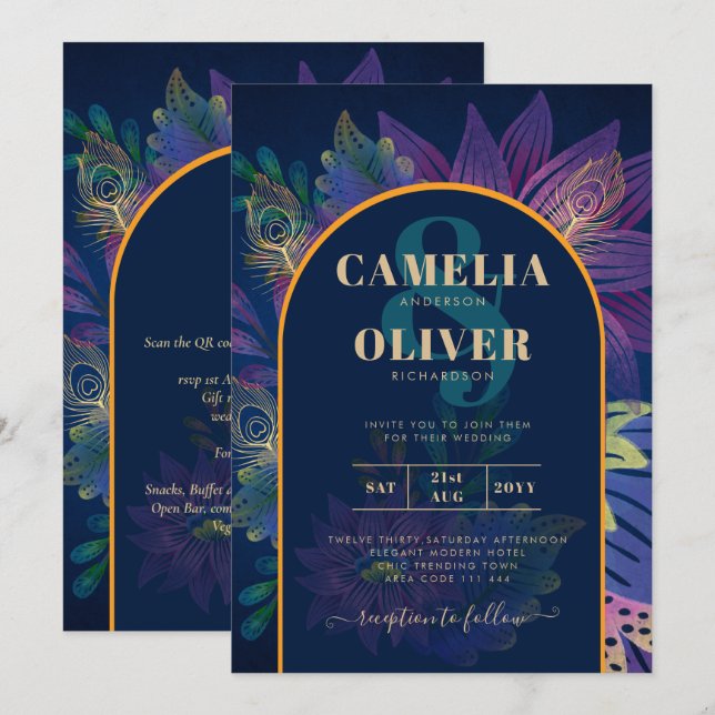 Invitation LeahG Marine Purple Gold JEWEL TONES Mariage INVIT (Devant / Derrière)