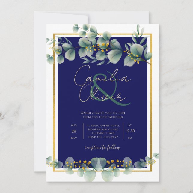 Invitation LeahG NAVY BLUE OR Vert Eucalyptus Mariage (Devant)