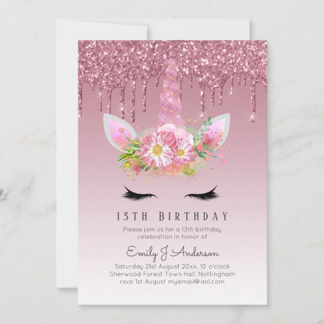 Invitation LeahG Parties scintillant rose Unicorn Filles Invi (Devant)