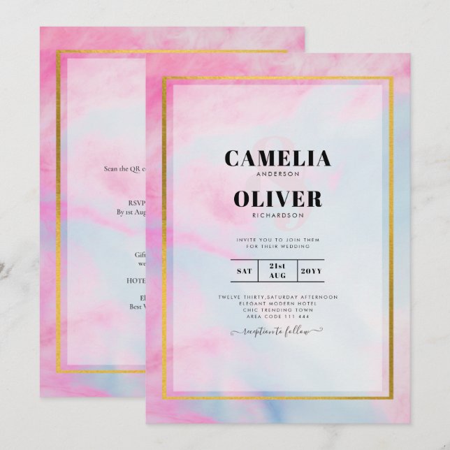 Invitation LeahG Pink Aqua Blue Gold INK Wedding INVITE (Devant / Derrière)