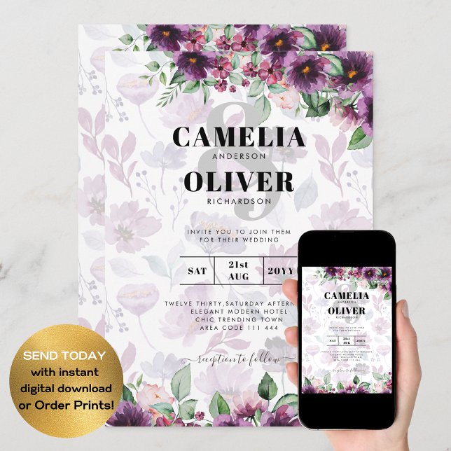 Invitation LeahG Plum Purple Berry Mariage Floral Automne Hiv (Créateur téléchargé)