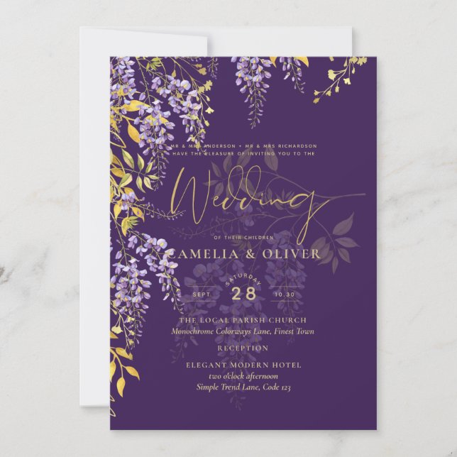 Invitation LeahG Purple Gold WISTERIA Floral Wedal INVITE (Devant)