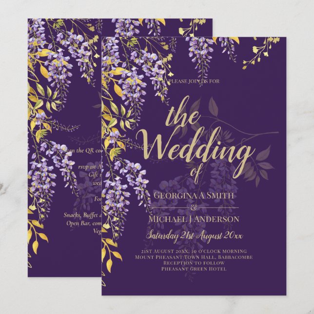 Invitation LeahG Purple Gold WISTERIA Floral Wedal INVITE (Devant / Derrière)