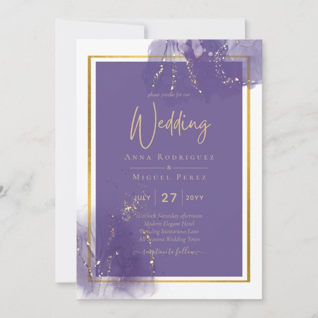Invitation LeahG PURPLE OR Mariage Lavande ALCOOL ENCRE (Devant)