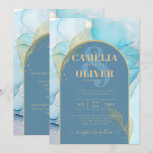 Invitation LeahG Verre de mer Encre d'or Aqua Blue Wedding IN