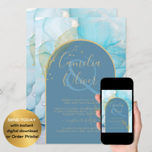 Invitation LeahG Verre de mer Encre d'or Aqua Blue Wedding IN