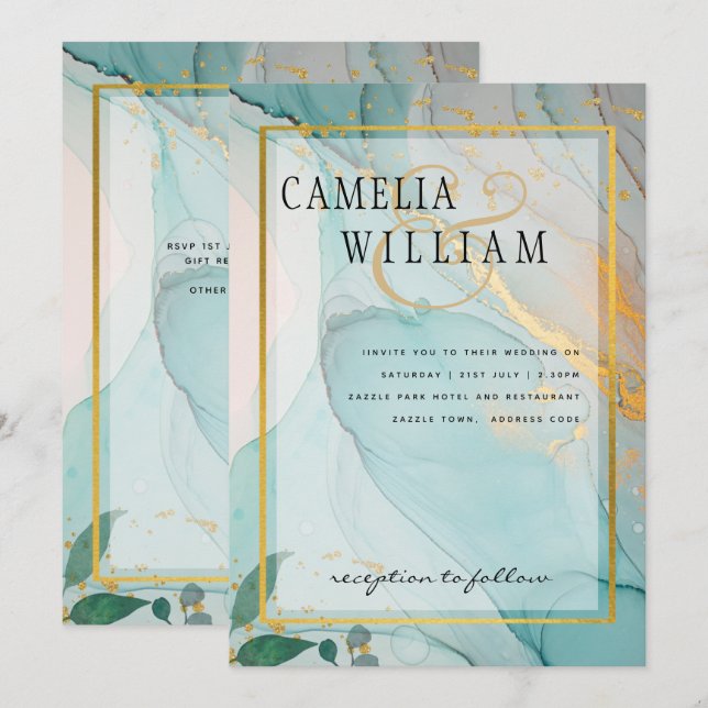 Invitation LeahG Verre de mer Turquoise Gold INK Mariage INVI (Devant / Derrière)