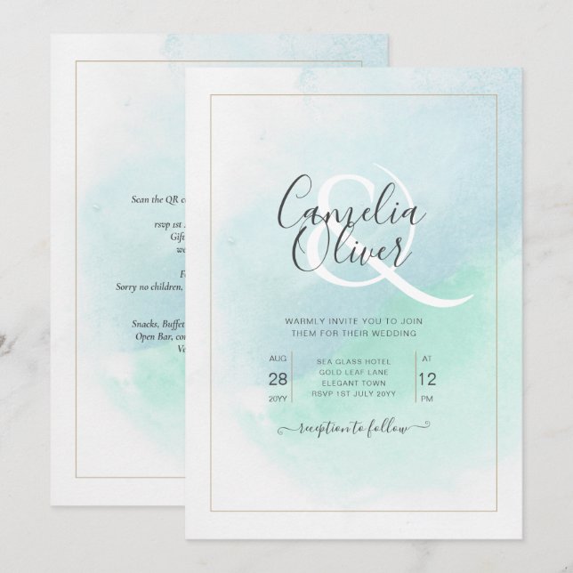 Invitation LeahG Verre de mer Turquoise Turquoise Bleu Mariag (Devant / Derrière)