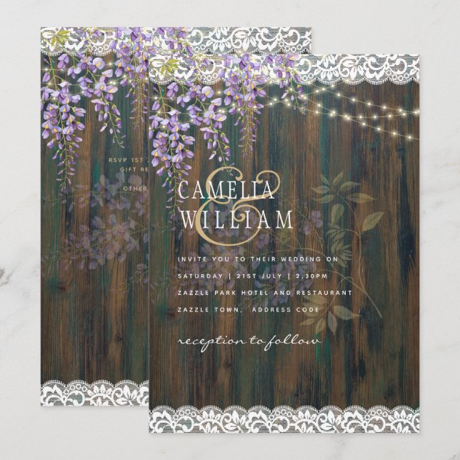 Invitation LeahG WISTERIA Violet Mariage au Lacet Rustique (Devant / Derrière)