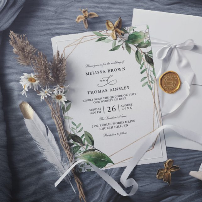 Invitation Leaves Eucalyptus Gold Budget QR Code Wedding (Créateur téléchargé)