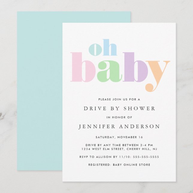 Invitation Lecteur par douche | Oh Baby Pastel Minimal Modern (Devant / Derrière)