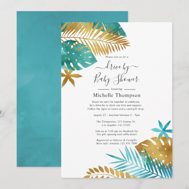 Invitation Lecteur turquoise et Gold Tropical par douche (Devant / Derrière)