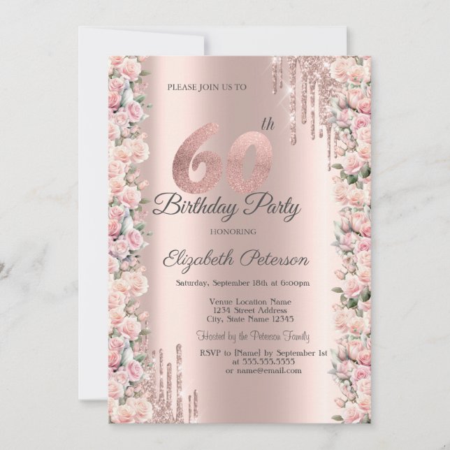 Invitation Lecteurs de cadres rose Rose Gold 60e anniversaire (Devant)