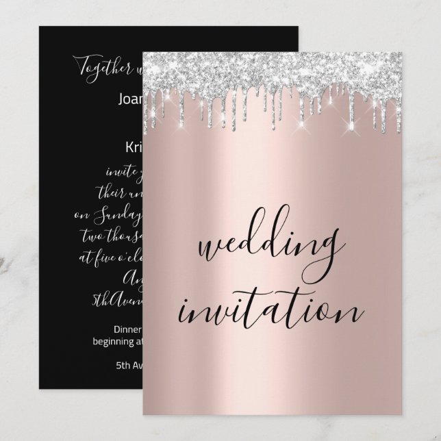 Invitation Lecteurs gris argent noir blanc Rose Mariage or (Devant / Derrière)
