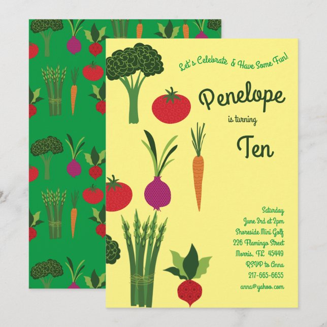 Invitation Légumes de la Anniversaire de enfant de Vegetable  (Devant / Derrière)