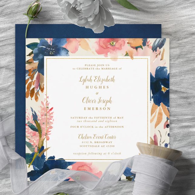 Invitation L'élégance sauvage | Navy Blush & Gold Carré Maria (Créateur téléchargé)