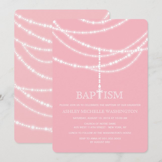 Invitation L'Élégante Croix du Rosaire étincelle le Baptême R (Devant / Derrière)
