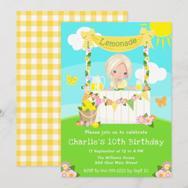 Invitation Lemonade Stand Anniversaire Blonde Hair Girl (Devant / Derrière)