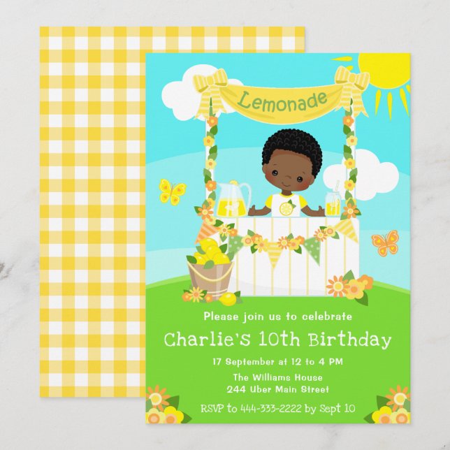 Invitation Lemonade Stand Birthday Dark Skin Boy (Devant / Derrière)