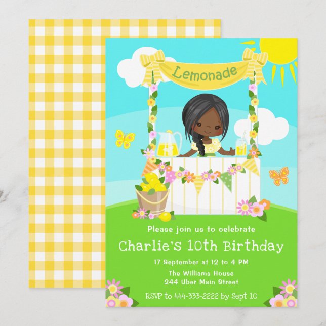 Invitation Lemonade Stand Birthday Dark Skin Girl (Devant / Derrière)