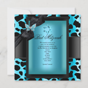 Invitation Léopard Bat Mitzvah Papillon Bleu Sarcelle