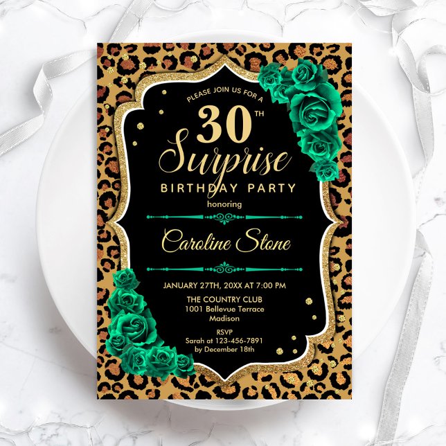 Invitation Leopard Black Gold Green Surprise 30e anniversaire (Créateur téléchargé)