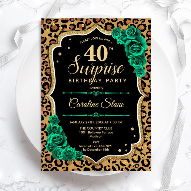 Invitation Leopard Black Gold Green Surprise 40e anniversaire (Créateur téléchargé)