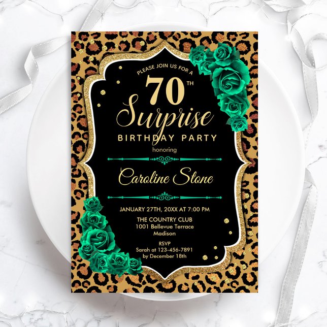 Invitation Leopard Black Gold Green Surprise 70e anniversaire (Créateur téléchargé)