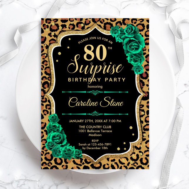 Invitation Leopard Black Gold Green Surprise 80e anniversaire (Créateur téléchargé)