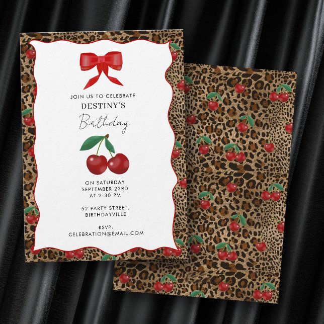 Invitation Leopard Cheetah Animal Print Cherry Girl Birthday (Leopard Cheetah Animal Print Cherry Girl Birthday Invitation)