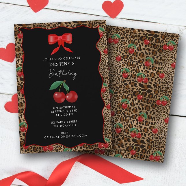 Invitation Leopard Cheetah Animal Print Cherry Girl Birthday (Leopard Cheetah Animal Print Cherry Girl Birthday Invitation)
