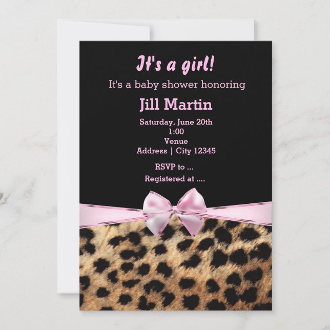 Invitation Leopard Cheetah Black Pink Bow Girls (Devant)