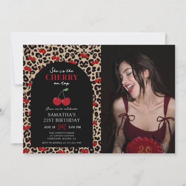 Invitation Leopard Cheetah Cherry On Top Birthday Photo (Devant)