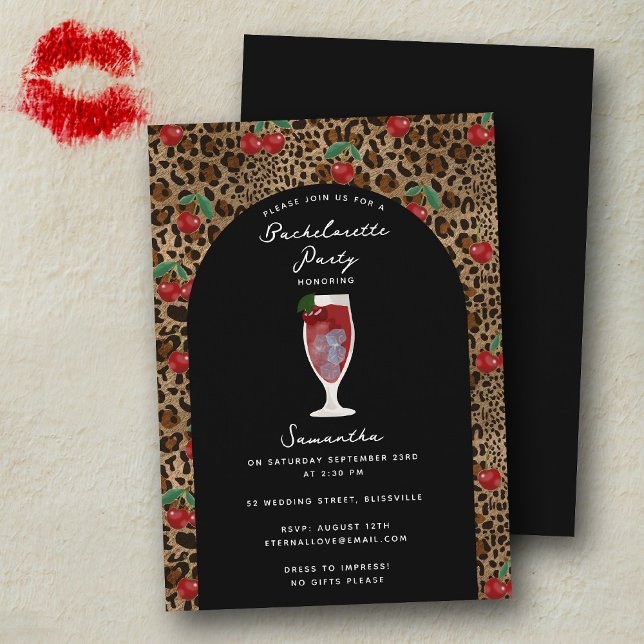 Invitation Leopard Cheetah Print Cherry Cocktail Bachelorette (Leopard Cheetah Print Cherry Cocktail Bachelorette Invitation)