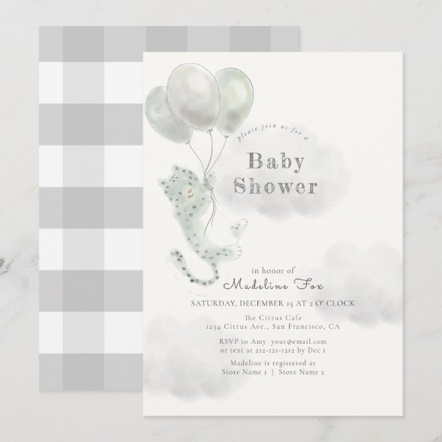 Invitation Léopard des neiges avec Baby shower gris ballons (Devant / Derrière)