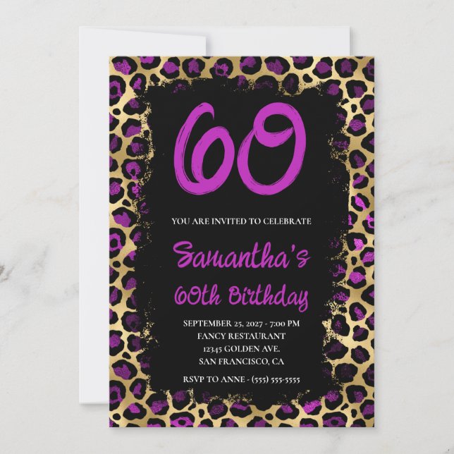 Invitation Leopard d'or violet peint noir 60e anniversaire (Devant)